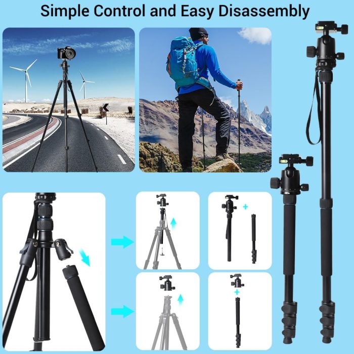 71" Camera Tripod Lightweight Foldable Aluminum Tripod & Monopod with 360° Ball Head Payload 33lbs, Adjustable Height Tripod Professional Travel Tripod for DSLR Camera Shooting Smartphone - Image 2