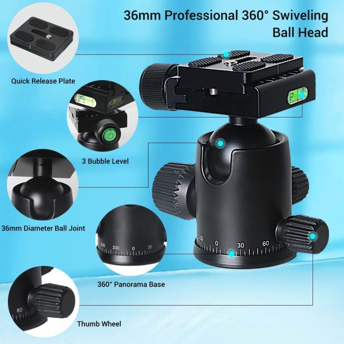 71" Camera Tripod Lightweight Foldable Aluminum Tripod & Monopod with 360° Ball Head Payload 33lbs, Adjustable Height Tripod Professional Travel Tripod for DSLR Camera Shooting Smartphone - Image 3
