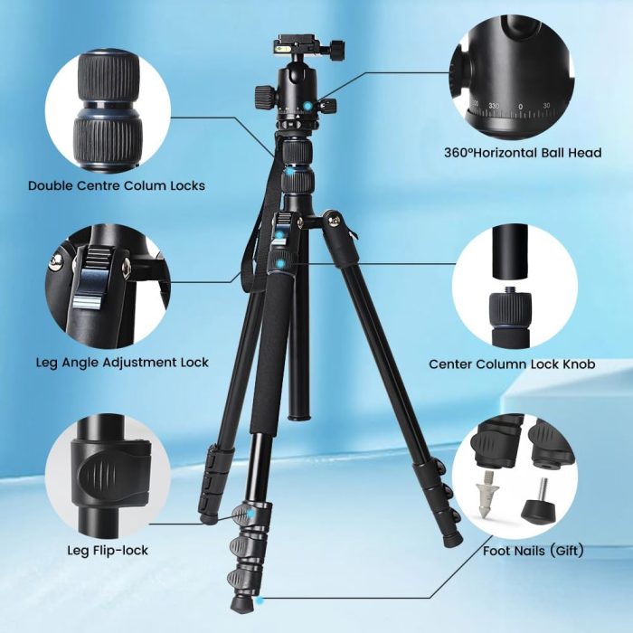 71" Camera Tripod Lightweight Foldable Aluminum Tripod & Monopod with 360° Ball Head Payload 33lbs, Adjustable Height Tripod Professional Travel Tripod for DSLR Camera Shooting Smartphone - Image 4