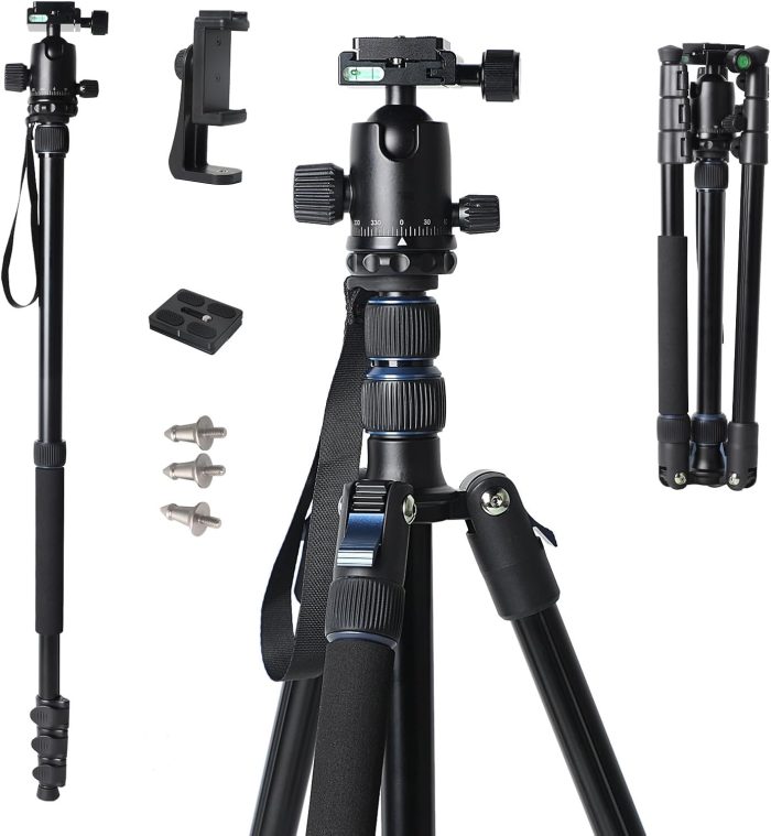 71" Camera Tripod Lightweight Foldable Aluminum Tripod & Monopod with 360° Ball Head Payload 33lbs, Adjustable Height Tripod Professional Travel Tripod for DSLR Camera Shooting Smartphone