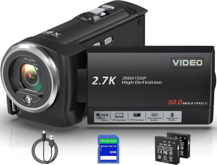 Camcorder Video Camera QHD 2.7K 50MP 16X Digital Zoom Vlogging Camera with LED Fill Light for YouTube, 2.8 Inch 270 Degree Rotation LCD Screen Camcorder with 32GB SD Card and Two Batteries