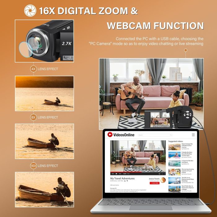 Camcorder Video Camera QHD 2.7K 50MP 16X Digital Zoom Vlogging Camera with LED Fill Light for YouTube, 2.8 Inch 270 Degree Rotation LCD Screen Camcorder with 32GB SD Card and Two Batteries - Image 3