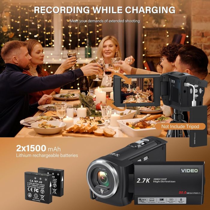 Camcorder Video Camera QHD 2.7K 50MP 16X Digital Zoom Vlogging Camera with LED Fill Light for YouTube, 2.8 Inch 270 Degree Rotation LCD Screen Camcorder with 32GB SD Card and Two Batteries - Image 4