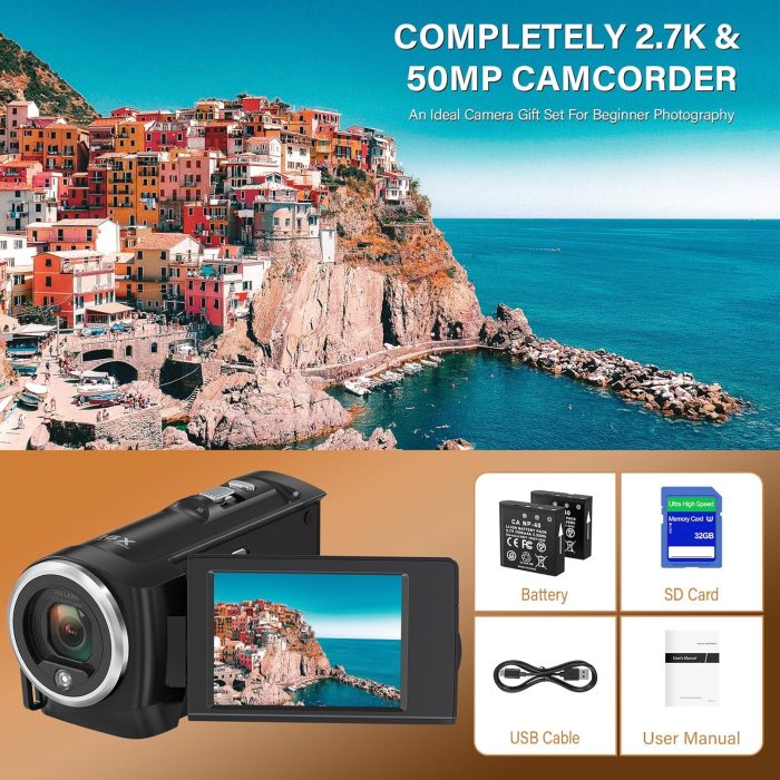 Camcorder Video Camera QHD 2.7K 50MP 16X Digital Zoom Vlogging Camera with LED Fill Light for YouTube, 2.8 Inch 270 Degree Rotation LCD Screen Camcorder with 32GB SD Card and Two Batteries - Image 7